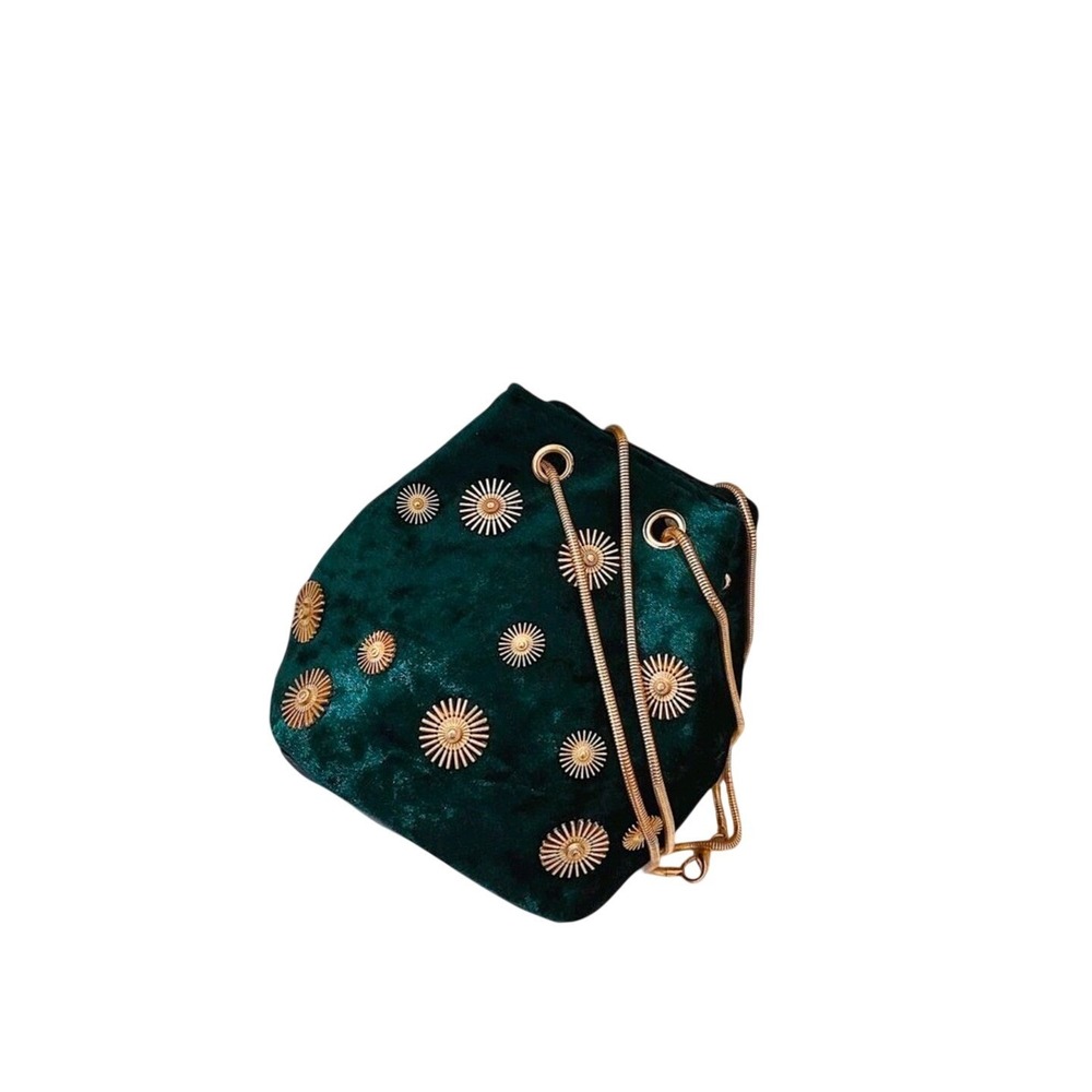 Velvet Daisy Embellished Drawstring Bucket Bag Gold Chain Strap Evening Party